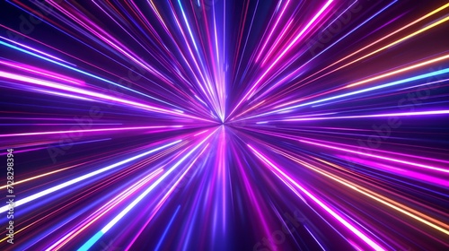  3D render of an abstract, vibrant neon background featuring ultra violet rays, glowing lines, and the illusion of speed of light