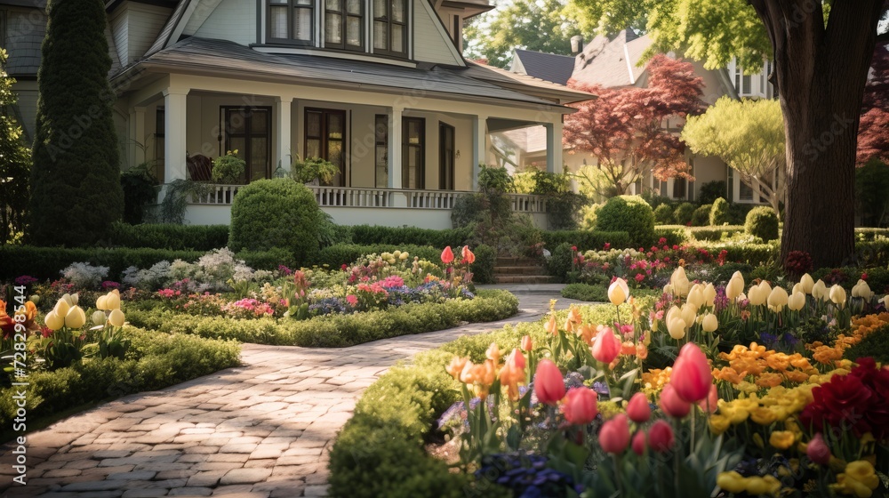 An image capturing a front yard garden with Victorian-inspired flower beds, showcasing intricate plant arrangements, and classic garden aesthetics. 