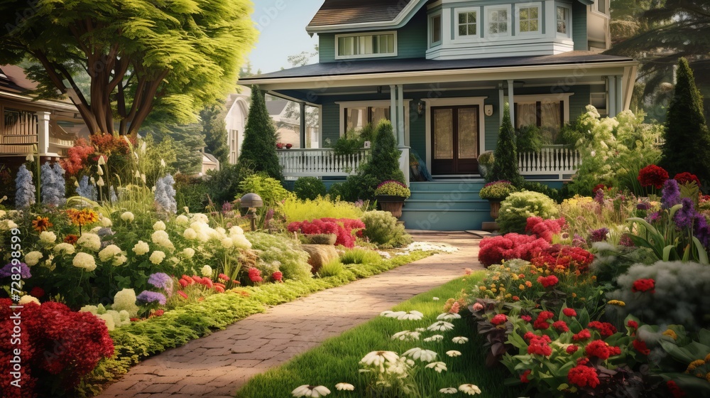 An image capturing a front yard garden with Victorian-inspired flower beds, showcasing intricate plant arrangements, and classic garden aesthetics