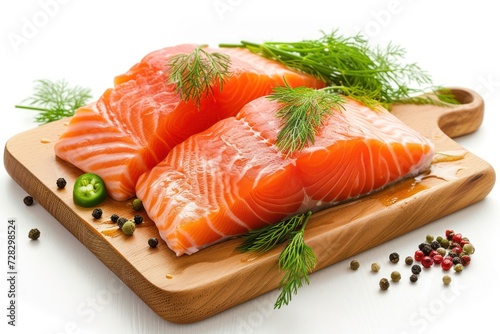 High angle view close-up of two salmon fillets on a wooden cutting board 
