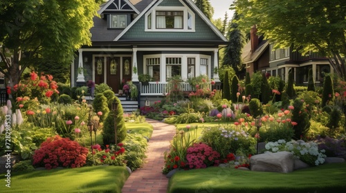 An image capturing a front yard garden with Victorian-inspired flower beds, showcasing intricate plant arrangements, and classic garden aesthetics.