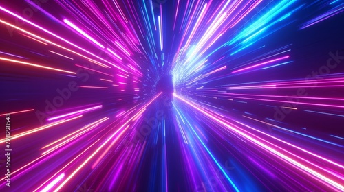  3D render of an abstract  vibrant neon background featuring ultra violet rays  glowing lines  and the illusion of speed of light