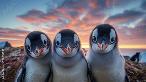 Three playful penguins with curious expressions as they gaze into the camera's lens