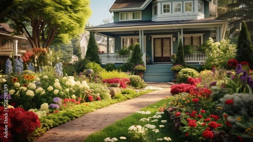 An image capturing a front yard garden with Victorian-inspired flower beds, showcasing intricate plant arrangements, and classic garden aesthetics