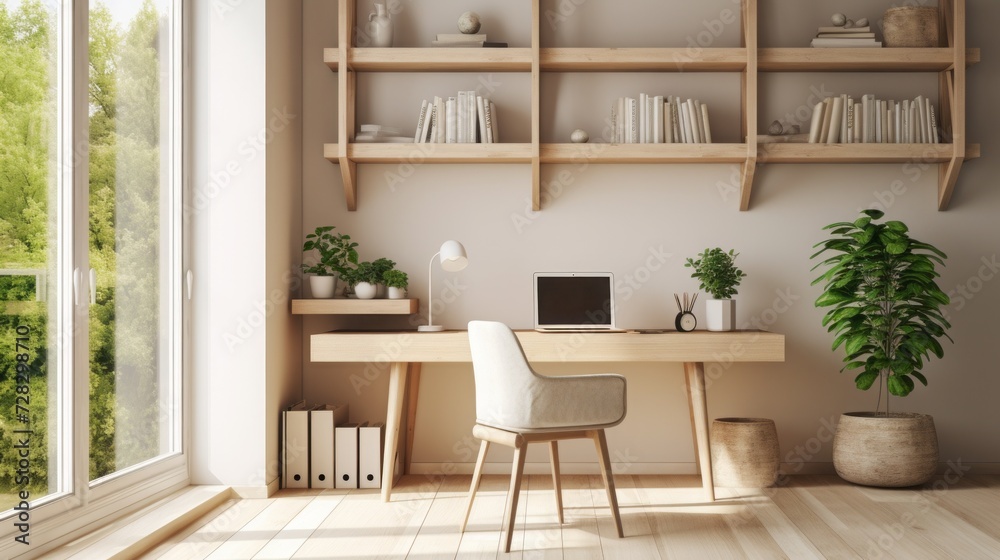 Fototapeta premium An image featuring a home office with Scandinavian design aesthetics, emphasizing simplicity, functionality, and natural elements. 
