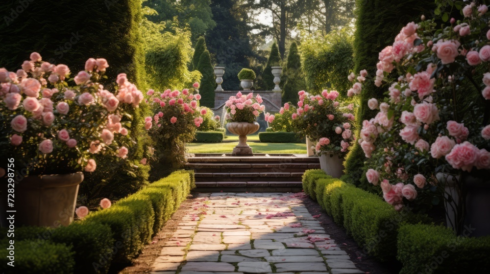 Scenes of a backyard garden with an English rose garden theme, featuring neatly trimmed hedges, climbing roses, and classic garden statuary.