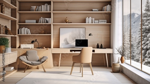 An image featuring a home office with Scandinavian design aesthetics, emphasizing simplicity, functionality, and natural elements. 