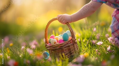 A kid holding a basket full of colorful easter eggs in the meadow, holiday
