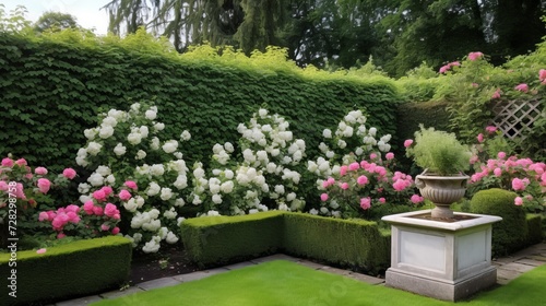 Scenes of a backyard garden with an English rose garden theme, featuring neatly trimmed hedges, climbing roses, and classic garden statuary.