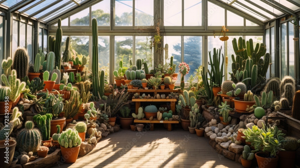 Scenes of a greenhouse dedicated to cacti and succulents, showcasing a diverse collection of these water-wise plants