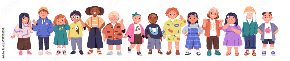 Diverse kids with different appearance features. Happy unique children with peculiar complexion. Boys and girls with braces, freckles, vitiligo. Flat vector illustration isolated on white background