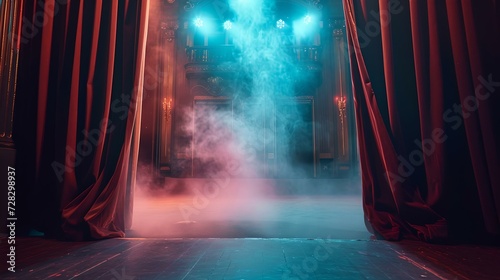 Mysterious stage with glowing lights and curtains. theater setting with fog. creative concept for performance backgrounds. ideal for artistic promotions. AI