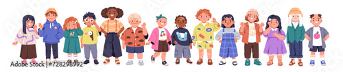 Diverse kids with different appearance features. Happy unique children with peculiar complexion. Boys and girls with braces, freckles, vitiligo. Flat vector illustration isolated on white background