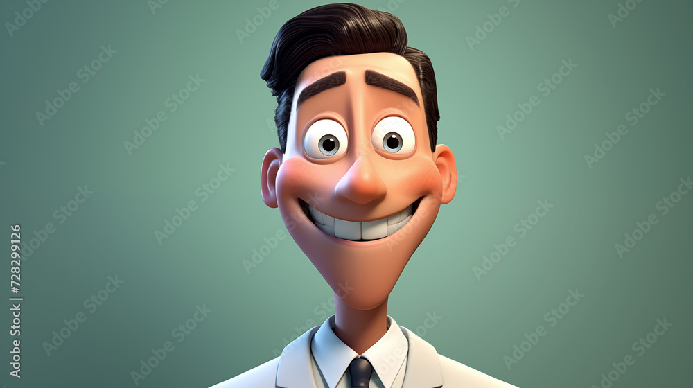 Smiling cartoon portrait of a person with black hair, featuring a businessman or a doctor, etc.