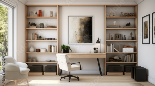 Scenes of a modern minimalist home office with clean lines, contemporary furniture, and a clutter-free workspace.