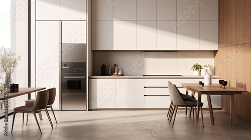 Scenes of a modern minimalist kitchen with sleek appliances, clean lines, and neutral tones for a contemporary look. 