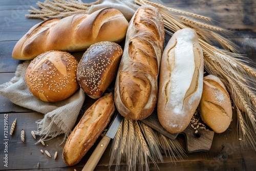 High angle view of various types of bread on a rustic wooden table. The composition includes a bread knife and some ear of wheat.