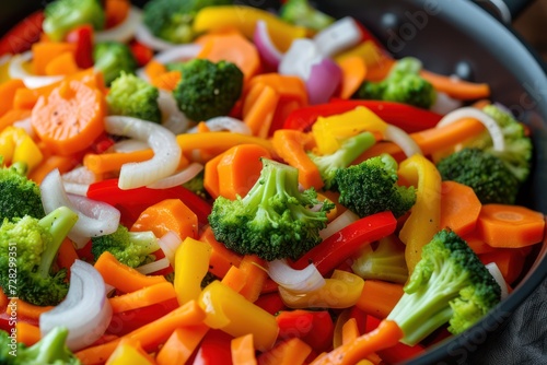 Top view close up of a cooking pan full of multicolored chopped vegetables ready to be stir fried. 