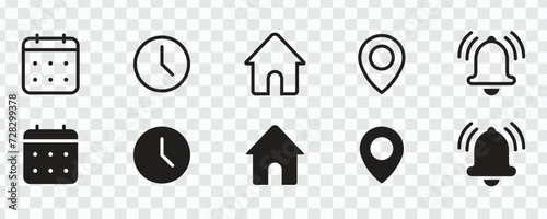 "Navigate time and events seamlessly with our Web Icons Set, featuring Address, Notification Bell, Stopwatch Timer, and Date Calendar illustrations."