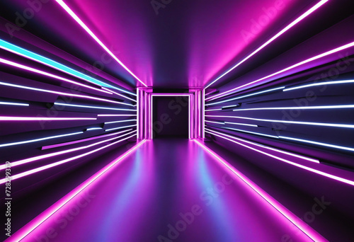 Abstract neon light geometric background. Glowing neon lines. Tunnel or corridor neon light design. Rectangular laser lines. Night club empty room. Stage laser show. LED technology.