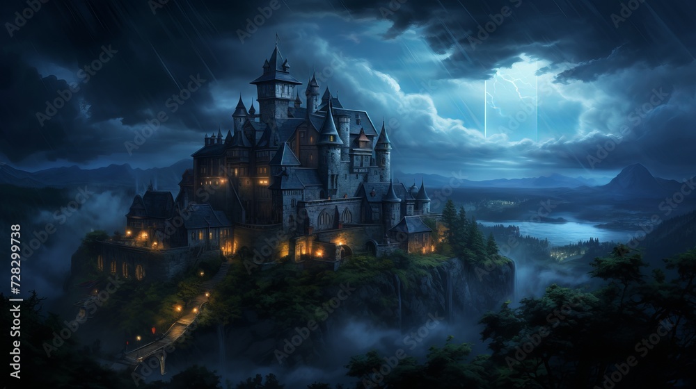 Illustration of a magnificent gothic castle standing tall in the enchanting moonlit night Illustration of a magnificent gothic castle standing tall in the enchanting moonlit night