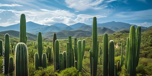 Vast cactus field under a clear blue sky. idyllic nature scene, perfect for landscape lovers. serene and tranquil desert view. AI