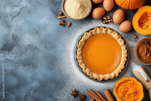 Top view of a pumpkin pie ingredients disposed on a frame shape leaving a useful copy space 