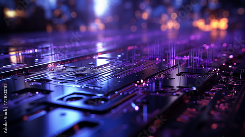 Abstract futuristic background in blue and purple colors. Digital technology, the future of innovative communications. Abstract microcircuits and processors. Bokeh effect. AI generative