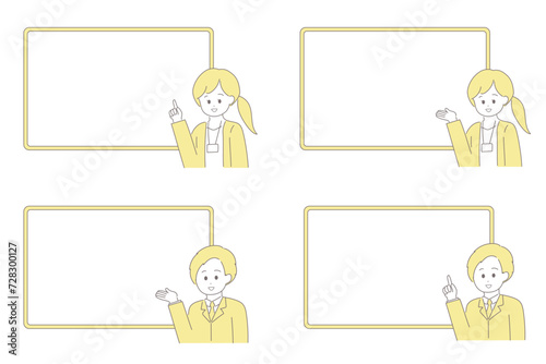 ホワイトボードで説明をする男女のイラスト　指さし・案内ポーズセット