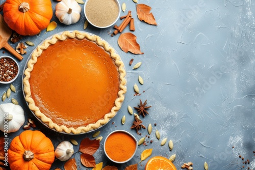 Top view of a pumpkin pie surrounded by some ingredients disposed at the top of the image an leaving a useful copy space 