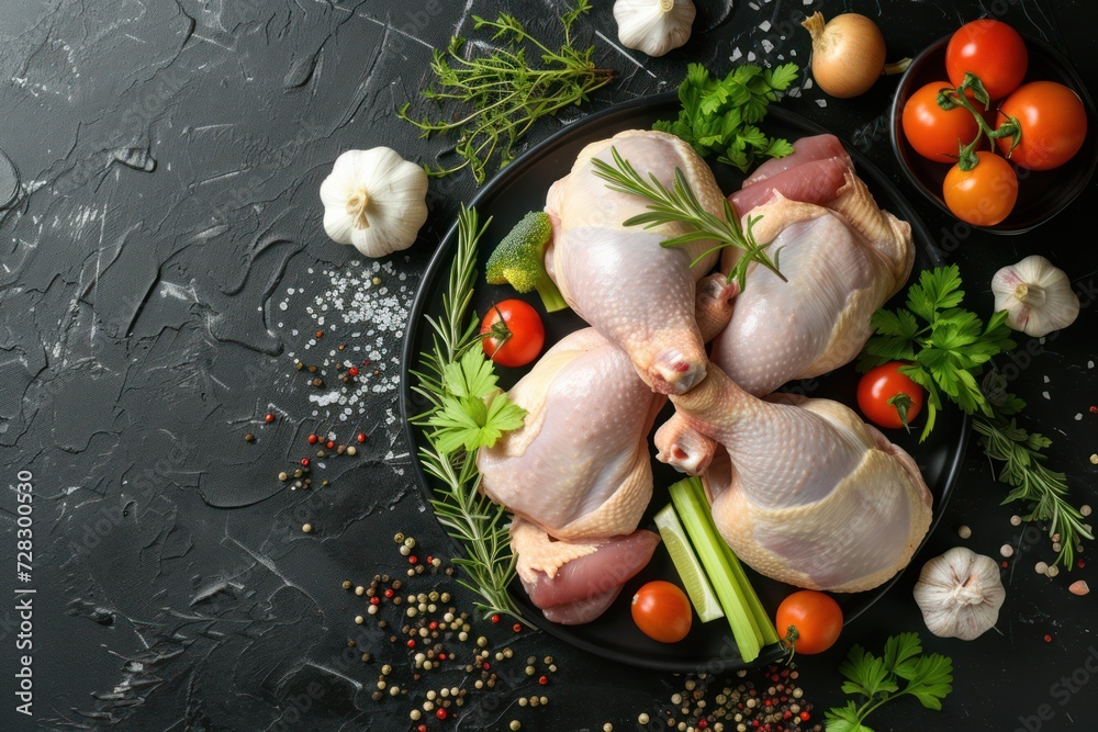 Top view of a whole raw chicken with various chicken thighs and chicken breast with some herbs and vegetables on a black patterned background.  - obrazy, fototapety, plakaty 