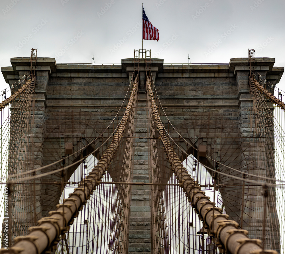 Fototapeta premium The Brooklyn Bridge linking the boroughs of Manhattan and Brooklyn in New York City (USA) was the largest suspension bridge in the world, a record span until 1889.