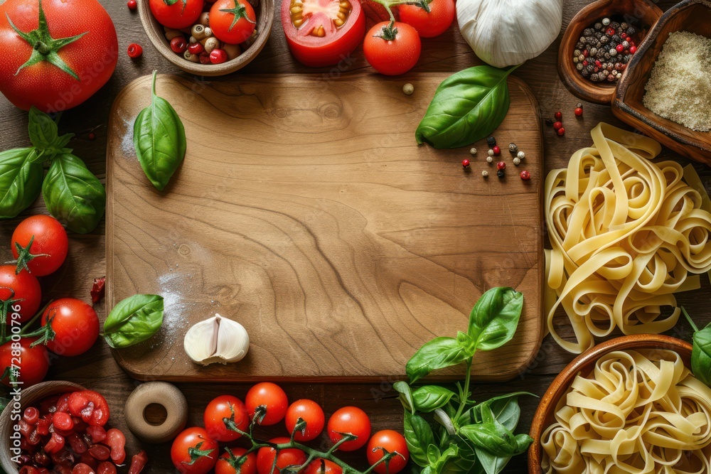 Top view of a wooden cutting board with copy space on top surrounded by various Italian ingredients such as pasta, basil, tomatoes, garlic and pepper. Top view of a wooden cutting board with copy space on top surrounded by various Italian ingredients such as pasta, basil, tomatoes, garlic and pepper.