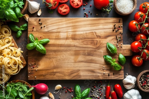 Top view of a wooden cutting board with copy space on top surrounded by various Italian ingredients 