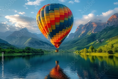 Colorful Hot Air Balloon Floating Over a Lake During the Month of Love Generative AI