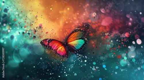Beautiful colorful wallpaper with cute butterfly flying, colorful dots © Elvin