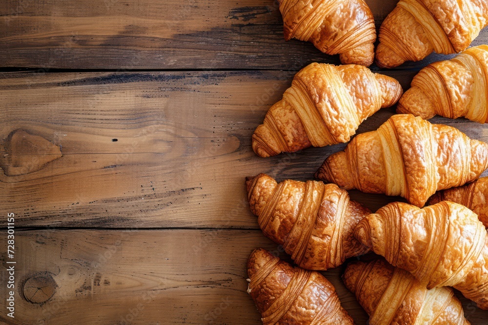 Top view of various fresh French croissants coming from the top right corner leaving a useful copy space at the lower left corner Top view of various fresh French croissants coming from the top right corner leaving a useful copy space at the lower left corner