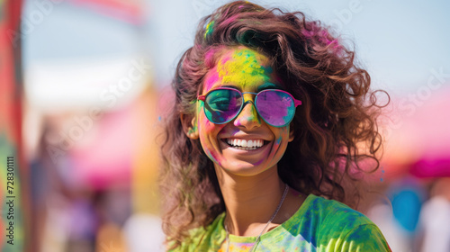 Woman in sunglasses celebrating Holi with colorful face