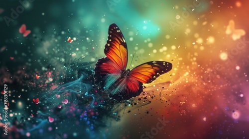 Beautiful colorful wallpaper with cute butterfly flying, colorful dots