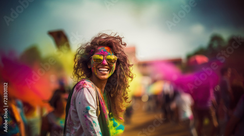 Woman with sunglasses enjoying colorful Holi festival