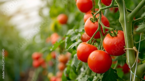 Delicious red tomatoes cultivated in a greenhouse, creating a vibrant and appealing background.