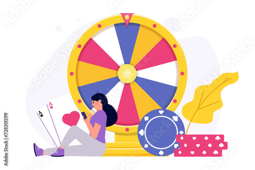 Gambling addiction, woman addicted to gambling concept. Vector illustration.