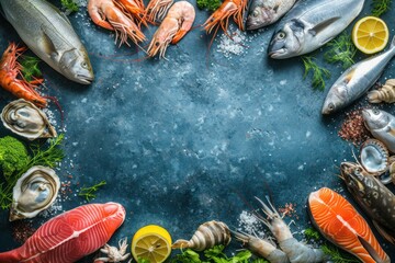 Top view of various kinds of fresh fish and seafood s