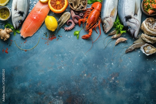 Top view of various kinds of fresh fish and seafood 