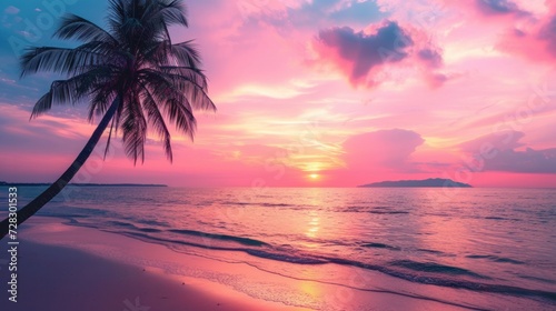Captivating sunset at a tropical beach with palm trees and a pink sky, perfect for travel and vacation during holiday relaxation. © Elvin