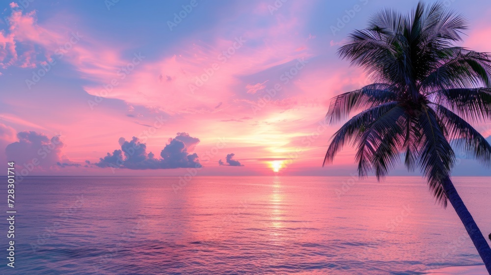Captivating sunset at a tropical beach with palm trees and a pink sky, perfect for travel and vacation during holiday relaxation.