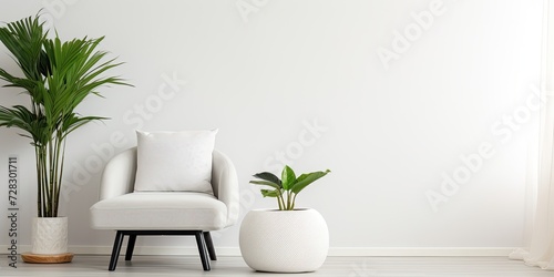 Nordic-style interior with a white chair in a white room  a plant on a stool  and black   white pouffes.