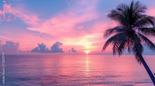 Captivating sunset at a tropical beach with palm trees and a pink sky  perfect for travel and vacation during holiday relaxation.