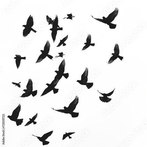 Silhouettes of birds flying in the sky, set against a white background.