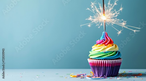 Cupcake for birthday with celebration sparkler and sprinkles on it, bookeh effect